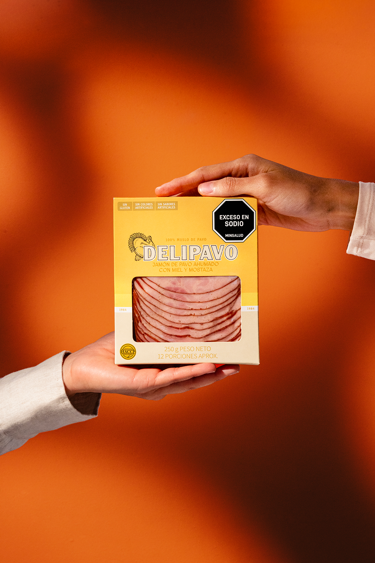 Empaque Jamón de Pavo Ahumado con Miel y Mostaza Delipavo en mano